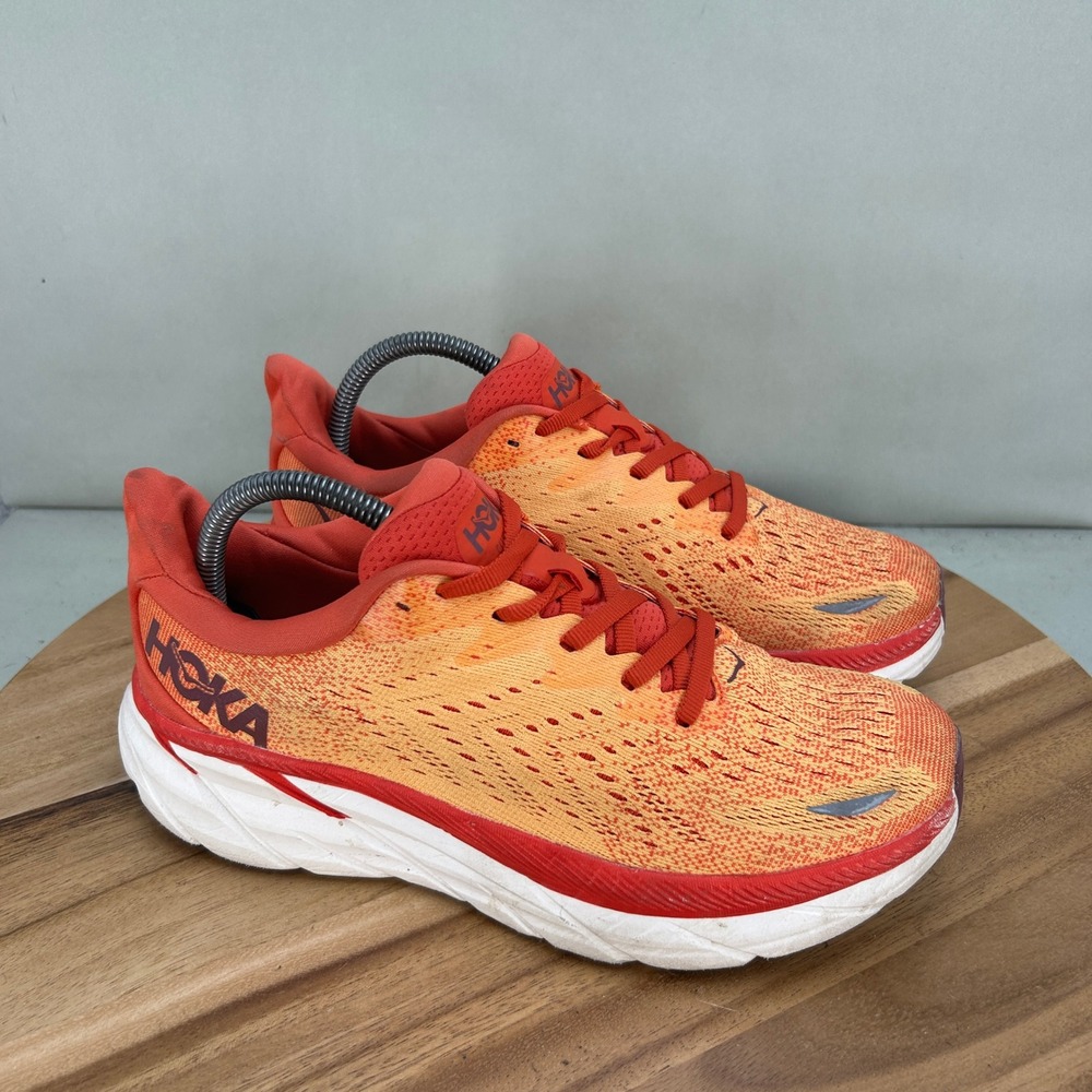 Hoka One One Clifton 8 Mens Running Shoes Orange Red Cushioned Size 8 D Comfort